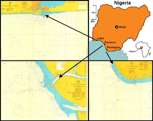 Figure 1. (Top right) Contour map of Nigeria, (Top left) Admiralty Chart of Lagos, (Bottom right) Admiralty Chart of Escravos, and (Bottom left) Admiralty Chart of Pennington. 2.