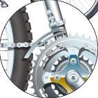 The lower gear, tensioned by a spring, keeps the chain tight as it moves from larger to smaller gears. The upper gear moves in or out to position the chain on the gears next to it.