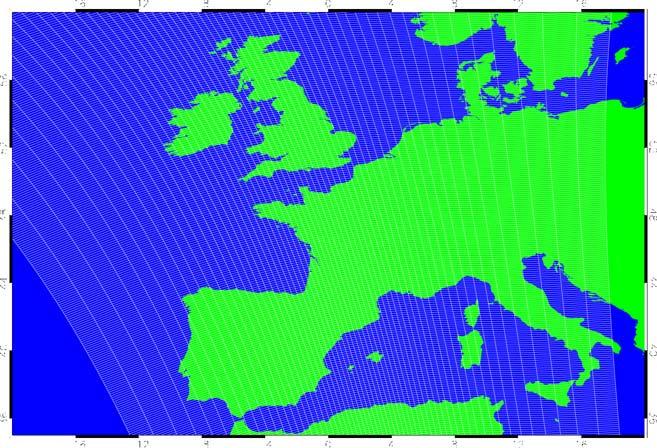 Figure 3-2. OMI ground pixels for a part of an orbit covering Europe. Note that the ground pixel size varies over the swath, with the best spatial resolution in the middle of the swath. 3.1.