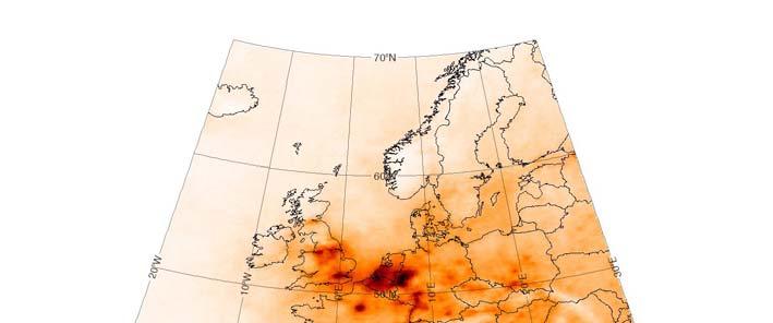 Figure 3-9. Tropospheric NO 2 from the Ozone Monitoring Instrument (OMI) over Europe for the period March to September 2005. Image by Pepijn Veefkind, KNMI.