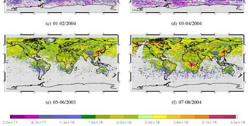 the CO is usually situated. Figure 3-14. Maximum observed CO vertical column density [molec/cm 2 ] in six two-month periods from September 2003 to August 2004.