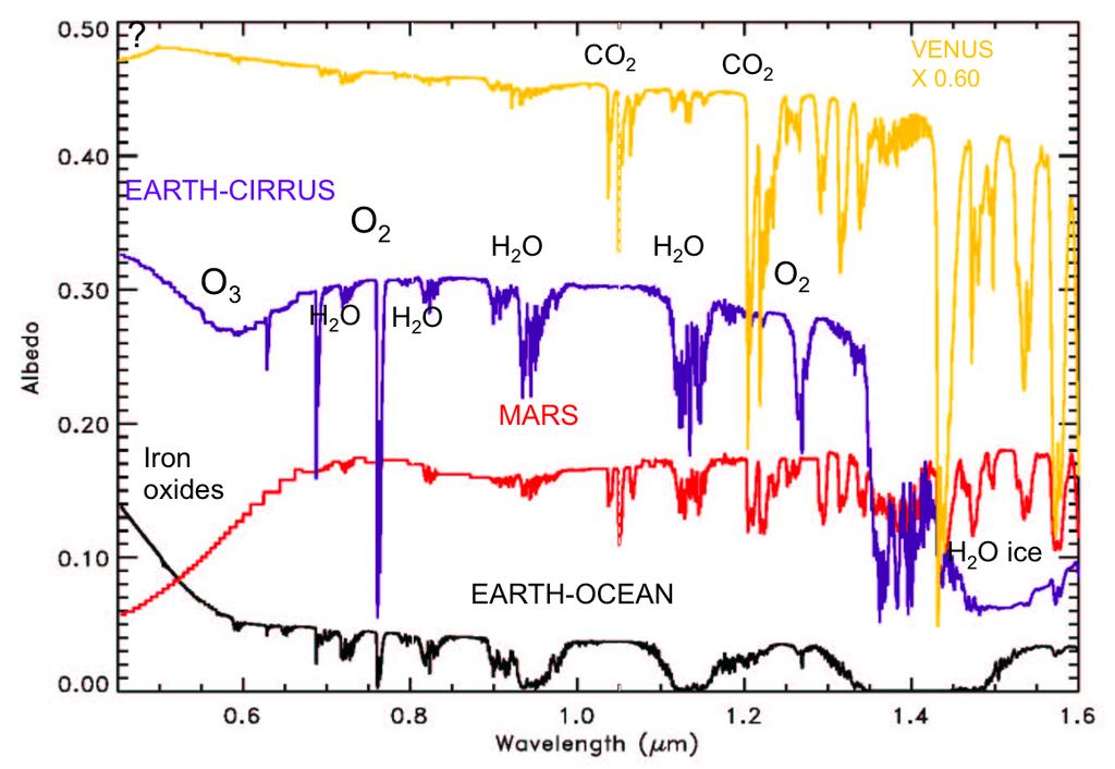 2.3. Non-homogeneity of gas: application to atmospheres 72 Figure 2.6: Albedo of Venus (yellow), Earth (with cirrus clouds, purple; no cloud cover, black) and Mars (red).