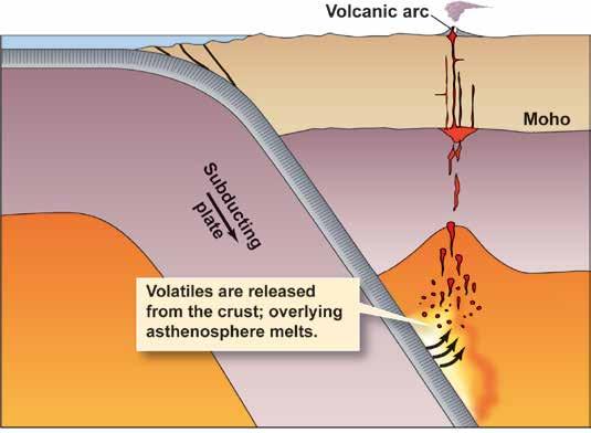 Causes of Melting Addition of volatiles (flux melting) Volatiles lower the melting T of a hot rock.