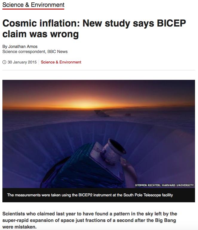 January 2015: BICEP2+Planck joint analysis shows the BICEP signal was due