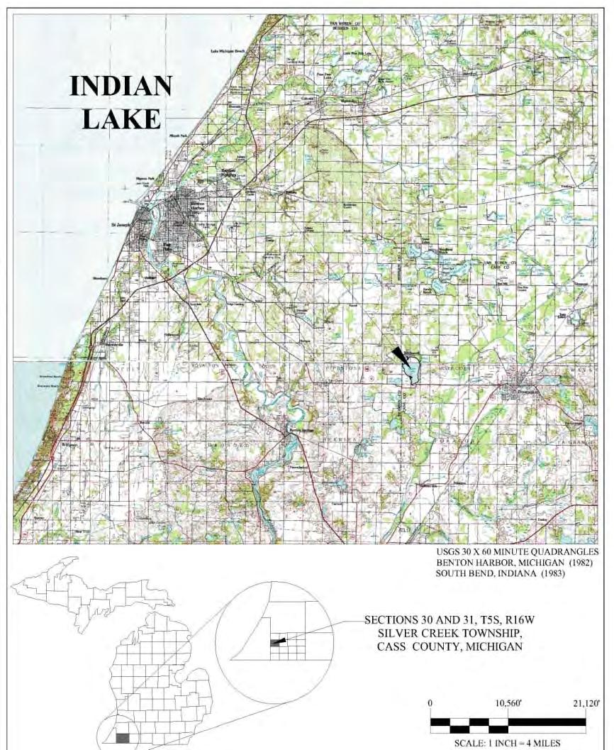 Indian Lake, Cass County, MI Surface Area = 499 (acres) Maximum Depth = 28 (ft.