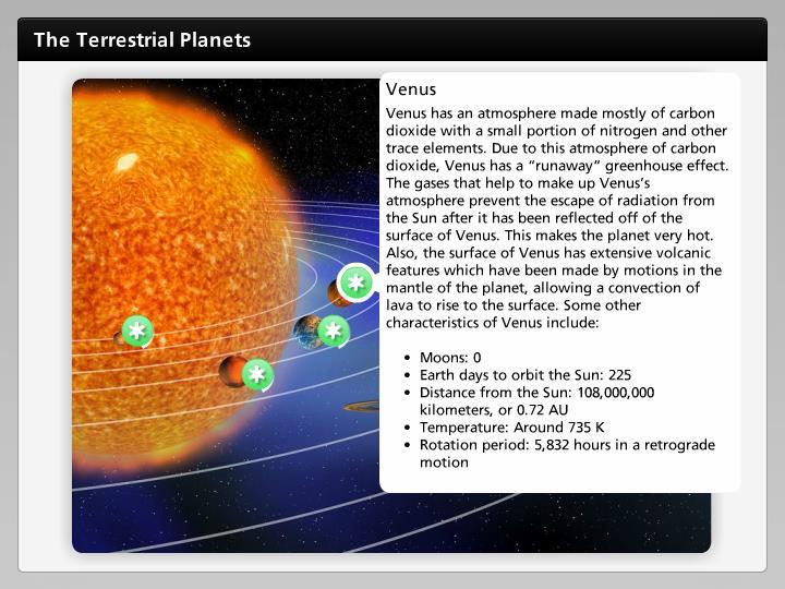 Venus Venus has an atmosphere made mostly of carbon dioxide with a small portion of nitrogen and other trace elements. Due to this atmosphere of carbon dioxide, Venus has a runaway greenhouse effect.