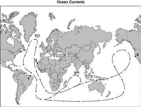 Which point on the map has a colder climate because of the proximity to an ocean current? a. 1 c. 3 b. 2 d. 4 16.