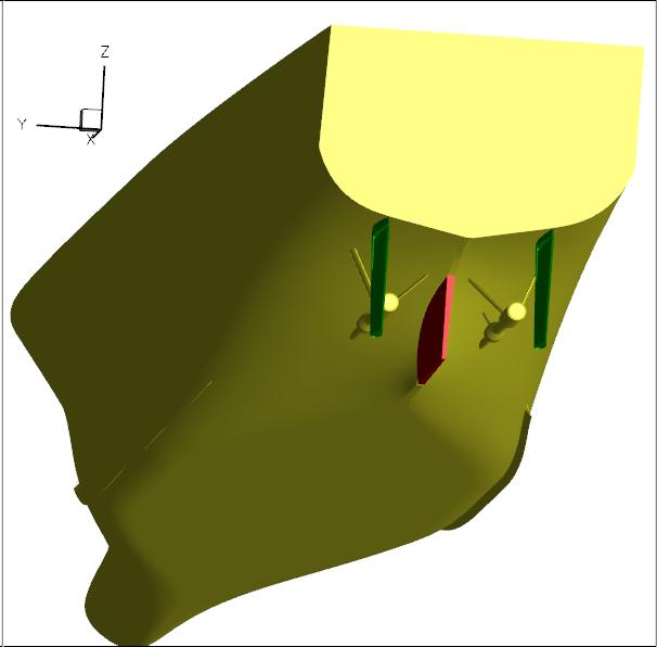 Figure 1: Left: model geometry overview. Right: mesh details around the stern region approach velocity U (at model scale). This gives a Reynolds number Re = 5.0 10 6 and a Froude number F N = 0.217.