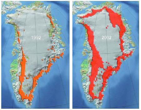 Surface melting on Greenland, 1992 and 2002.