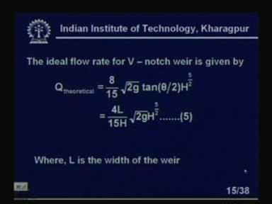 (Refer Slide Time: 26:26) So, total, excuse me, the ideal flow rate for V notch weir is given by Q theoretical equal to 8 by 15 under the square root of 2 g tan theta by 2 H to the power 5 by 2 4 L
