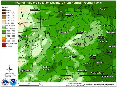 Specific rainfall amounts for area airports are: Louisville 4.81 inches, 1.63 inches above normal; Lexington 4.46 inches, 1.26 inches above normal; Frankfort 4.57 inches, 1.