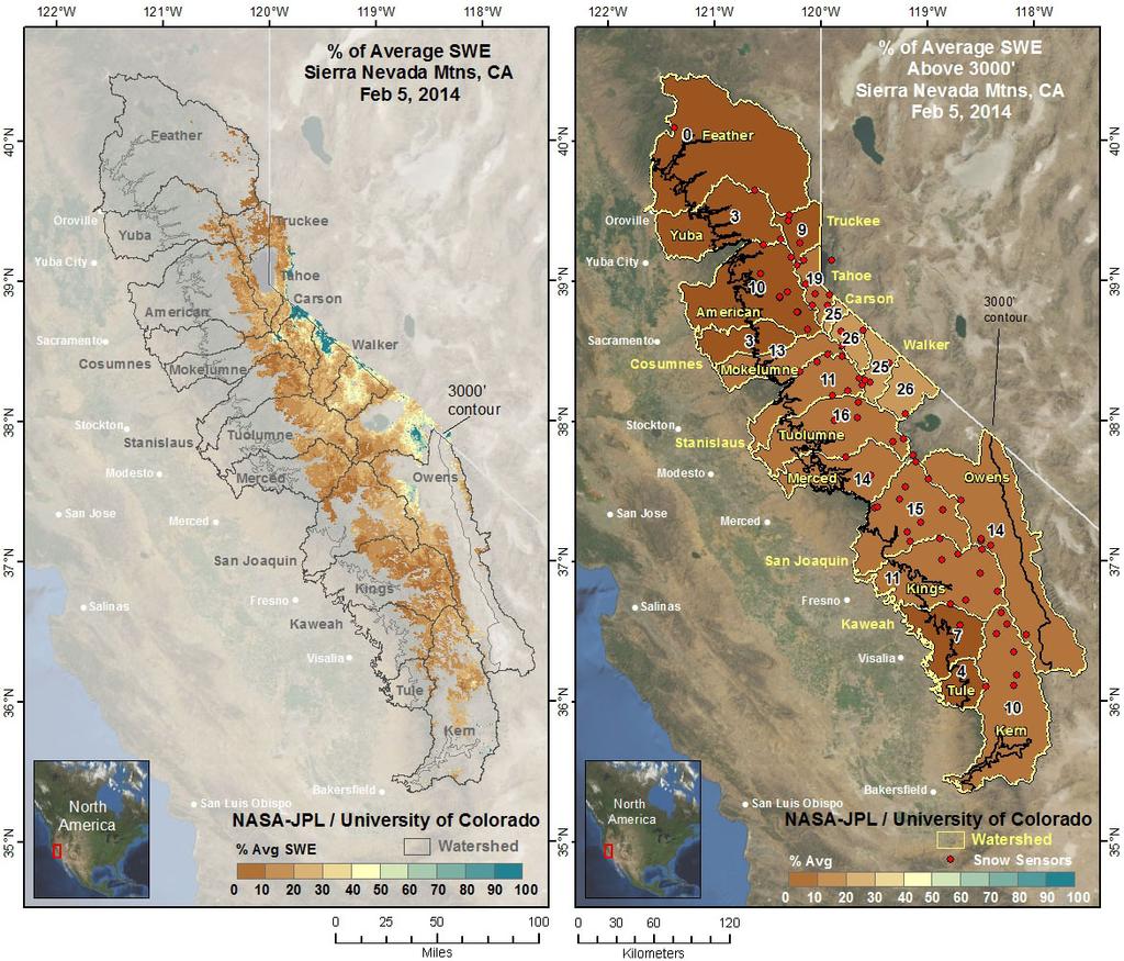 Figure 2. Percent of average SWE for February 5, 2014 for the entire Sierra (on left) and by watershed (on right).
