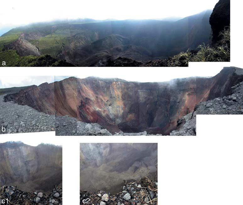 d 3 September 2000. e 4 June 2001. f 16 October 2002. Photos a d by S.N., e by T.K. and f by M. Yoshimoto Fig. 5 Panoramic views of the summit collapse in July and early August 2000.