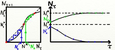 The dynamics starting at two initial conditions (blue green) are shown. 1. From a value N τ, move vertically to F (N τ ). 2. Move horizontally to the line F (N) = N.