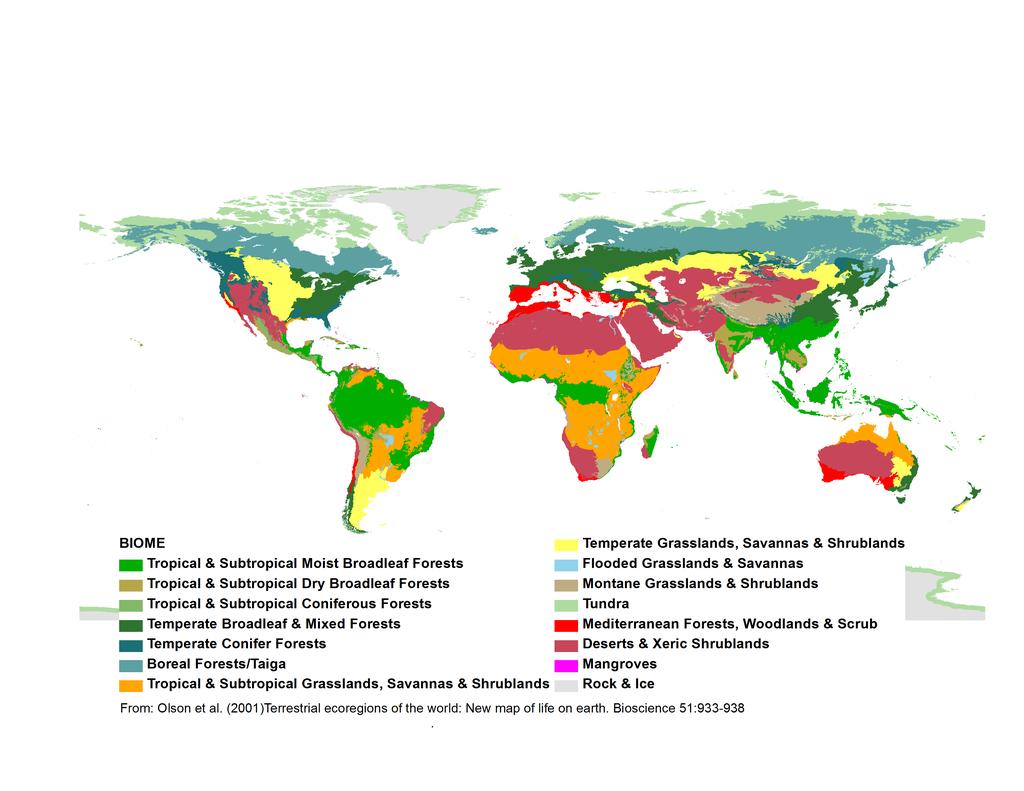 Biomes - largest level ecologic communities, defined by type of vegetation and