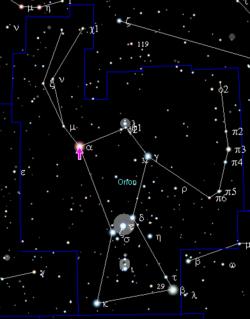 Located approximately 600 light-years from Earth, it is part of the constellation Orion and a vertex of the Winter Triangle asterism.