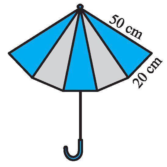 4. An umbrella is made by stitching 10 triangular pieces of cloth of two different colours each piece measuring 0 cm, 50