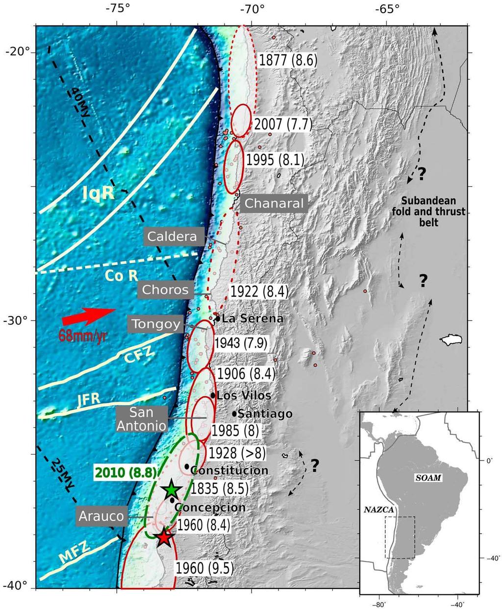 Figure 1. Seismotectonic background of the NAZCA-SOAM convergence zone and main geological features. Topography and bathymetry are from ETOPO1.
