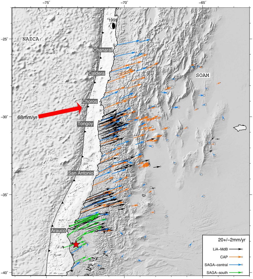 Figure 3. Final compiled data set of the upper-plate interseismic surface deformation relative to a fixed South-American plate defined by the NNR-Nuvel1A model.