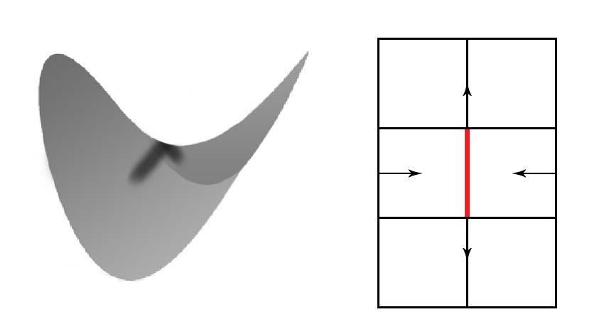 2: Kritičen rob sedlo (levo) in njegova predstavitev v vektorskem polju (desno).