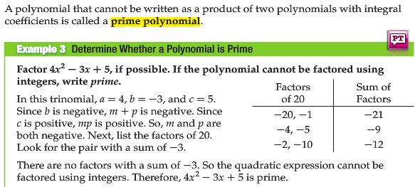 Guided Practice: Factor each trinomial, if possible. If the polynomial cannot be factored using integers, write prime.