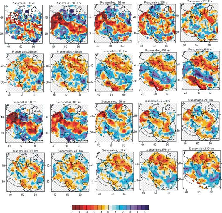 1096 A. Alinaghi, I. Koulakov and H. Thybo Figure 7. Maps of P- and S-waves velocity anomalies for Iran and neighbouring regions presented as horizontal sections from depths of 50 to 640 km.