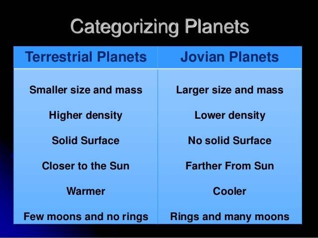 rocky with little or no atmosphere Jovian Planets Outer four planets: Are large, lowdensity worlds