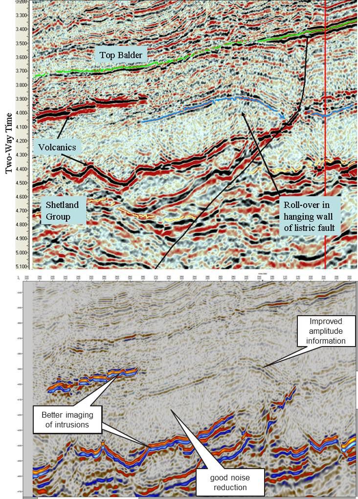 Figure 2. Seismic line pre (top) and post re-processing (bottom) showing the improvement of the seismic quality, especially in relation to noise reduction.