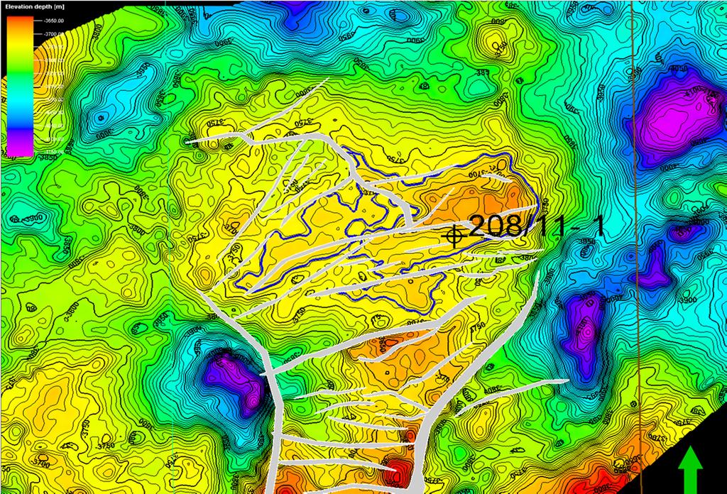 P1454 Relinquishment Report Figure 6. Depth structure map over the Glenrothes 208/11-1 four way dip closure. 6. Additional technical work The post well technical work of the P1454 Licence was to evaluate the well results from the 208/11-1.