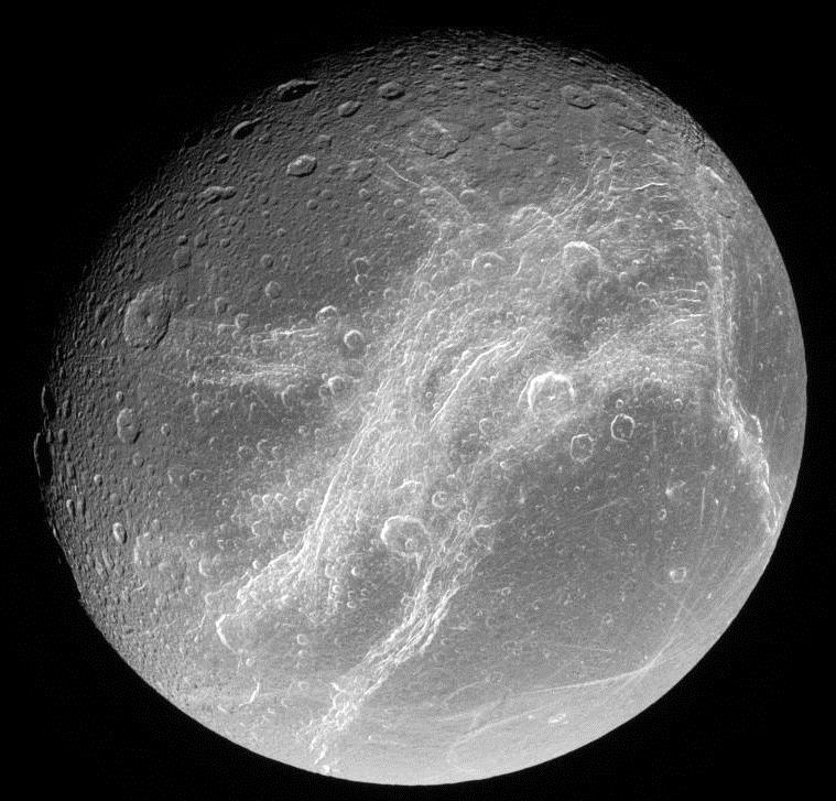 Dione Diameter: 700 mi Mass: 1.05 x 10 21 kg Density: 1.43 gm/cm 3 Temp: -304 F Tidal Locked: 2.