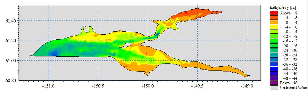 10 Figure 7: Model domain with composite bathymetry Composite bathymetry with linear interpolated bathymetry between known bathymetry and the model land boundary. 2.