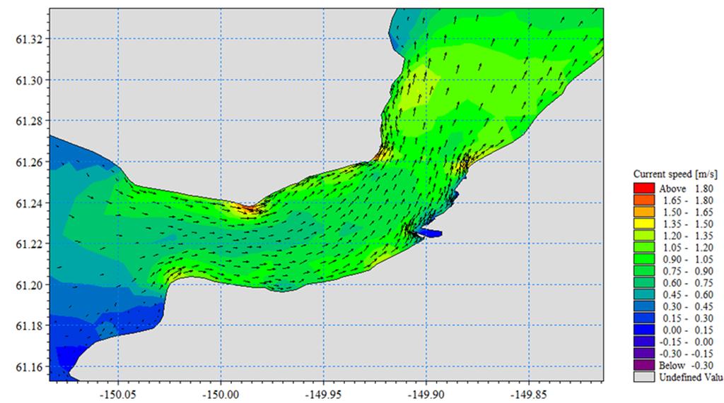 shoal. The simulation indicates there is possible deposition occurring in the vicinity of the shoal. A review of the simulated bed thicknesses showed no change in layer 2 (bottom layer). Shoal -149.