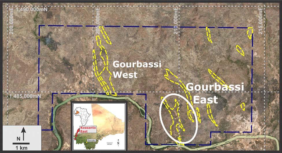 Figure 1. Overview of the Kossanto East property showing the location of Gourbassi East and Gourbassi West mineralized zones.