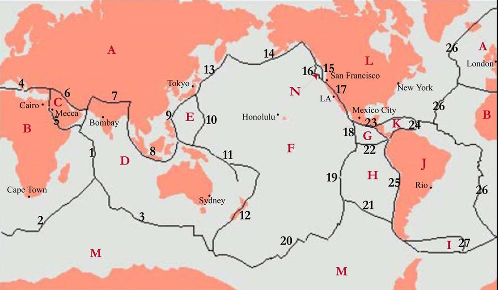 Map of plates (letters A-N) and plate boundaries