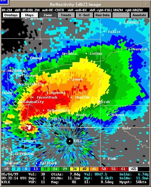 5. (4 points) On the reflectivity and velocity images below, indicate with an arrow (on both) the most probable location of the tornado?