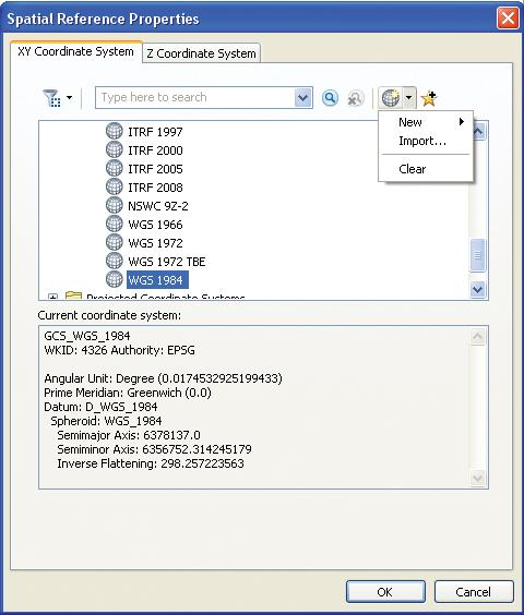 Figure 1 5 The current incorrect coordinate system definition for the data is shown in the dialog box. To clear the incorrect definition, click the Add Coordinate System button (the globe icon).