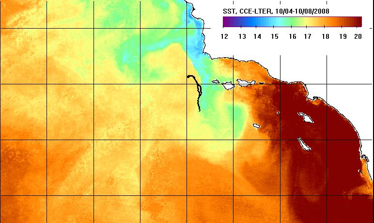 The satellite imagery below shows sea surface temperature (SST). Warmer colors indicate warmer sea surface temperatures and cooler colors indicate cooler temperatures.