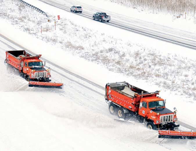 Plowing snow is typically complemented with applying de icing chemicals.