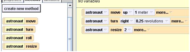 Methods To tell your astronaut to do something, click on one of these methods, hold down your mouse, and drag and drop it into your method editor.