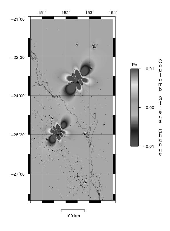 Figure 1: Coulomb stress changes due to M>5 earthquakes in Southern and Central Queensland. In this work we have employed the 3ddef software to compute stress changes due to modelled earthquakes.