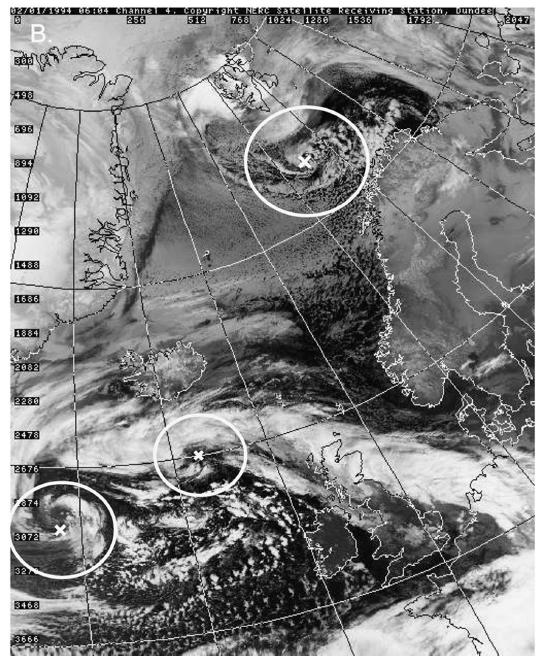 Figure 6 (b) AVHRR imagery for 0604 2 January 1994. Three multi-sighted mesocyclones are indicated. From Condron and Bigg (2006). 8.