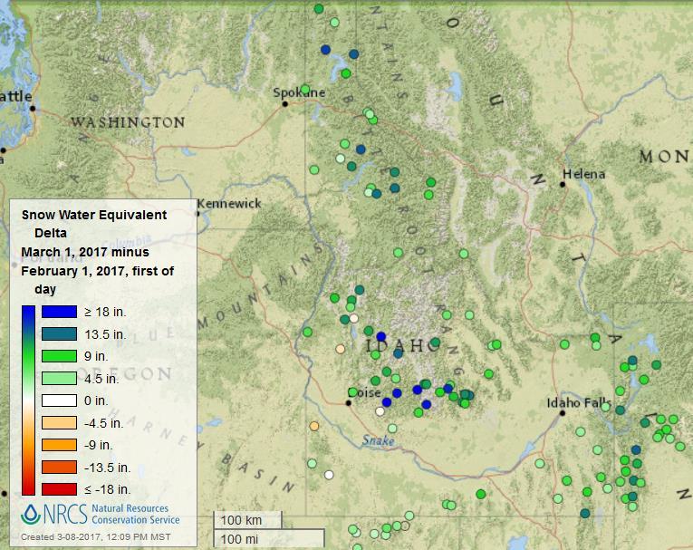February Snow Water Equivalent (SWE) Change 18+ inches of SWE increase in central mountains - doubled the SWE