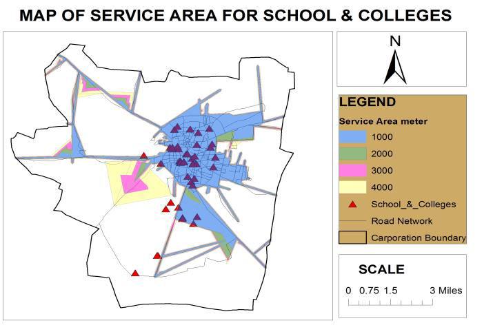 Figure 8: Service Area of School & Colleges (Distance) Figure 9: Service Area of School & Colleges (Time) Nearly 942 sq. km.