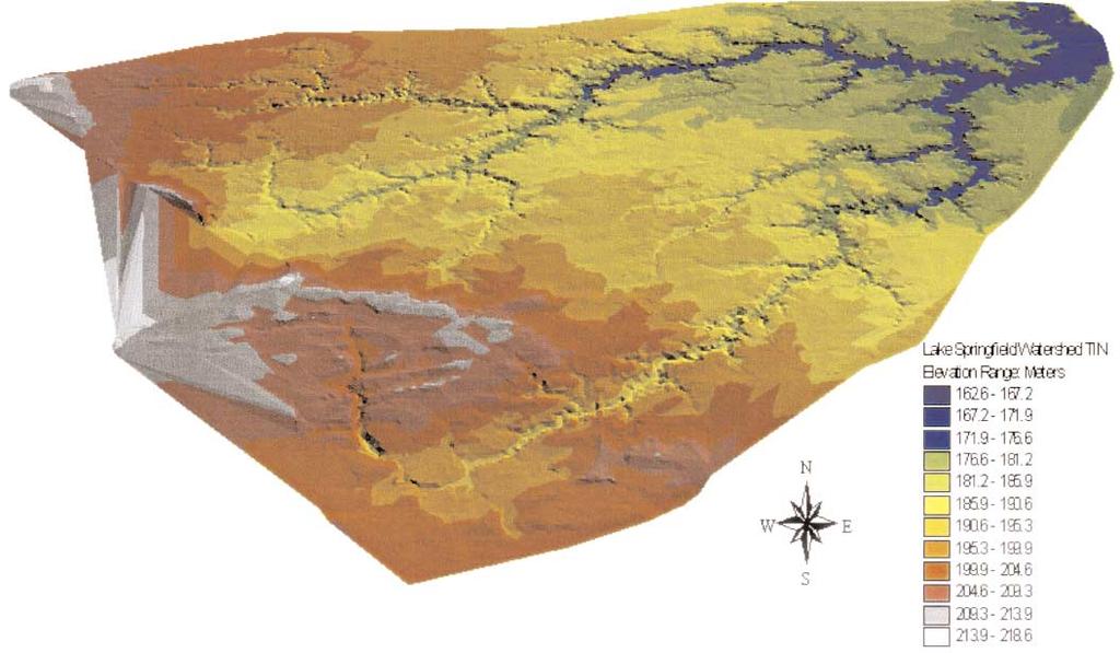 Surface drape over a triangulated irregular network (TIN) of the Lake Springfield Watershed.