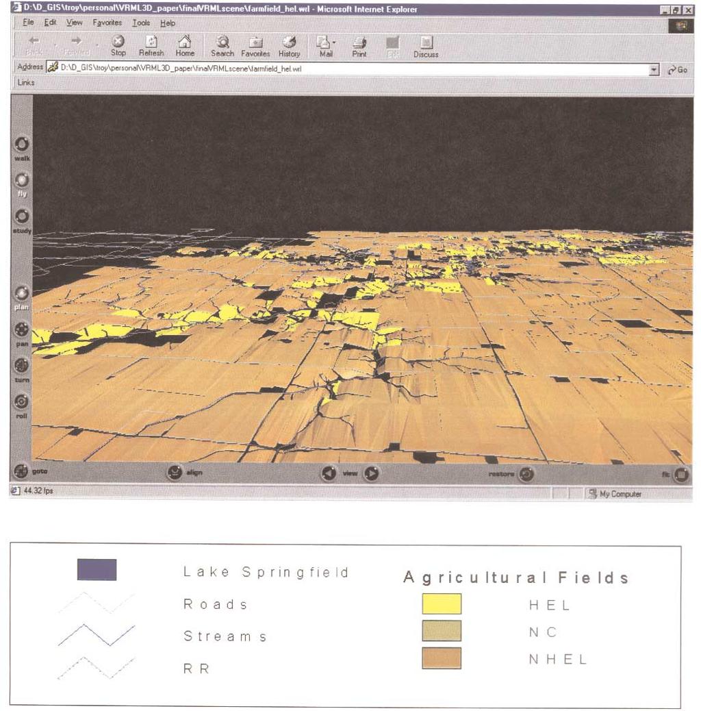Fig. 5. Virtual reality modeling language browser plug-in with Microsoft Internet Explorer. Highly erodible land, HEL (highlighted in yellow), identified in the Lake Springfield Watershed.