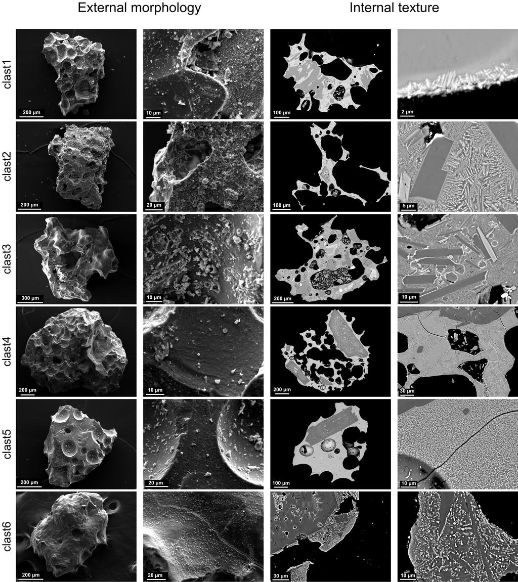 Supplementary Figure S2. SEM images of external morphology and internal textures of selected ash clasts, part of them are already shown in Fig.