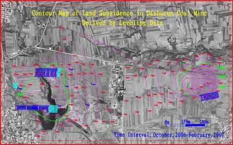 one year. Figure.2. Distribution of bench marks in Dashucun coal mine and one contour map of land subsidence derived by the leveling data 2.