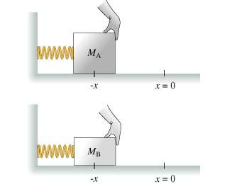 (43) Two identical springs are attached to two different masses, M A and M B, where M A is greater than M B. The masses lie on a frictionless surface.