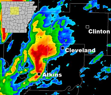 Figure 9: The long track supercell and associated tornado was near Atkins (Pope County) at 2302 UTC 5 Feb 2008.