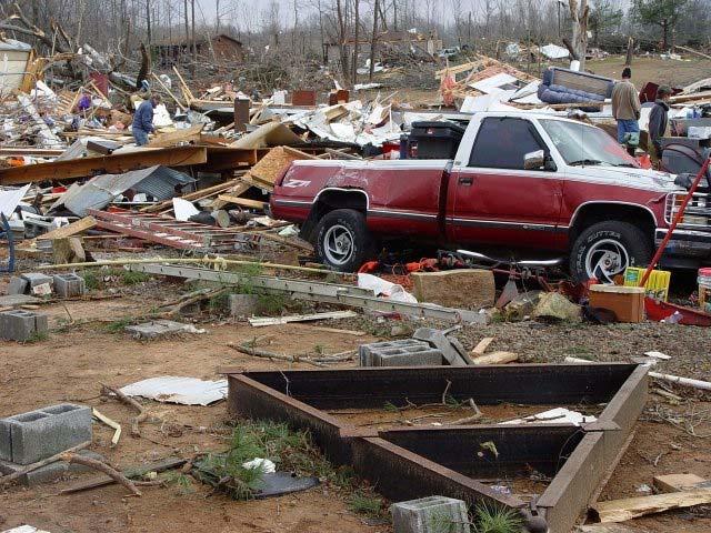 Figure 10: Damage produced by the long track tornado at Lucky Landing, 3 miles south of Atkins (Pope County). on Cleveland in Conway County (Figure 11).
